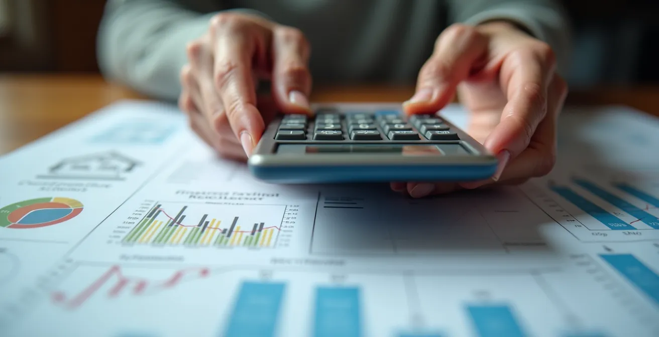 Gros plan sur des mains de seniors consultant une calculatrice avec documents financiers flous en arrière-plan