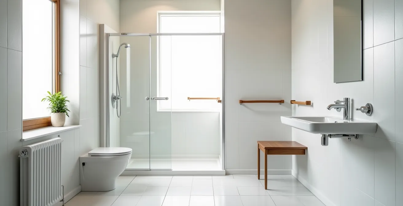 Vue d'ensemble d'une salle de bain moderne adaptée avec équipements de sécurité intégrés harmonieusement