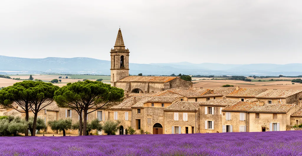 Vue panoramique village provençal avec clocher et collines