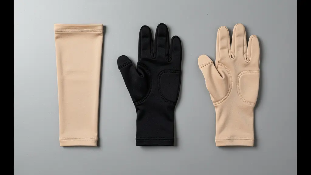 Manchon, mitaine et gant de compression disposés côte à côte pour comparaison