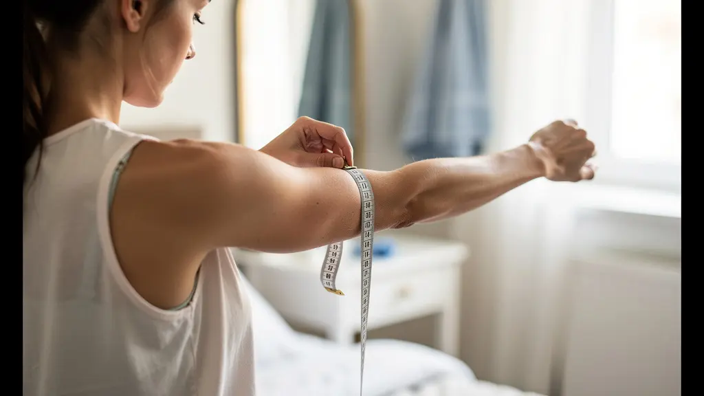 Personne mesurant son avant-bras avec un mètre ruban souple