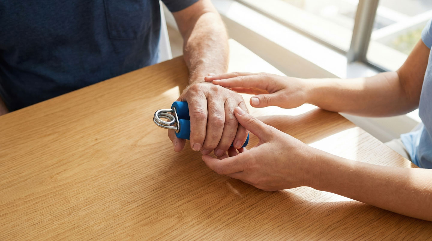 Gros plan sur les mains d'une personne âgée tenant délicatement un petit ballon souple d'exercice, texture de peau réaliste, arrière-plan flouté