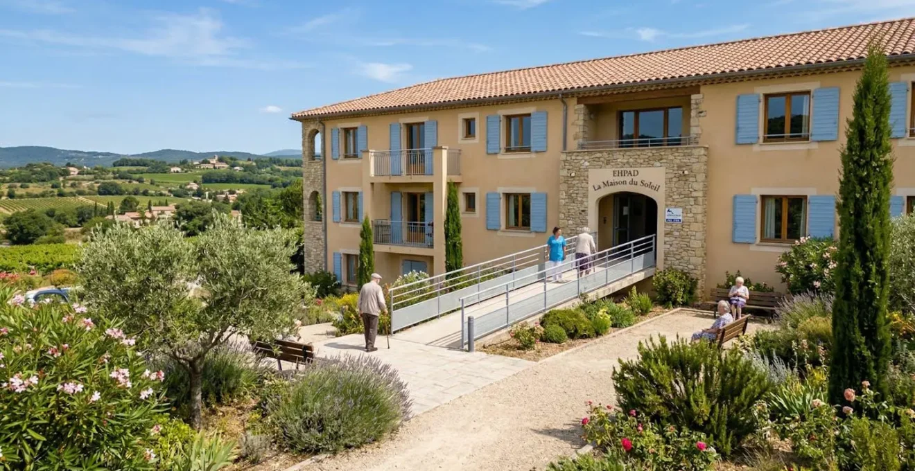 Façade extérieure d'un EHPAD moderne de style provençal avec rampe d'accès PMR visible et jardin méditerranéen sous ciel bleu