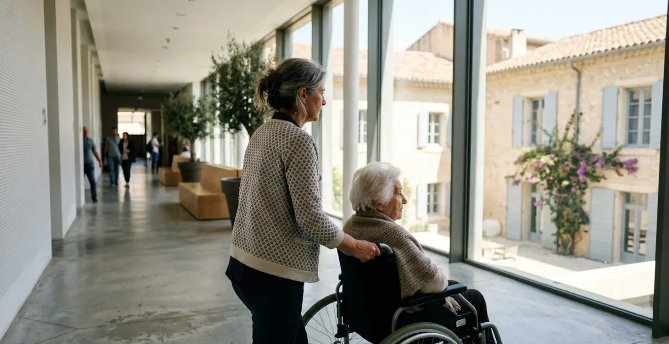 Une femme accompagne sa mère âgée en fauteuil roulant dans le hall lumineux d'un établissement moderne aux tons méditerranéens