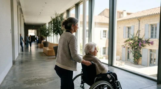 Une femme accompagne sa mère âgée en fauteuil roulant dans le hall lumineux d'un établissement moderne aux tons méditerranéens