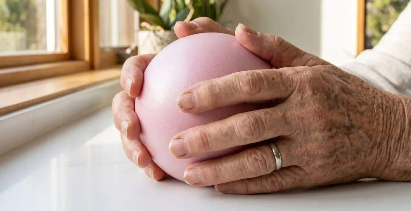 Gros plan sur les mains d'une personne âgée tenant délicatement un petit ballon souple d'exercice, texture de peau réaliste, arrière-plan flouté