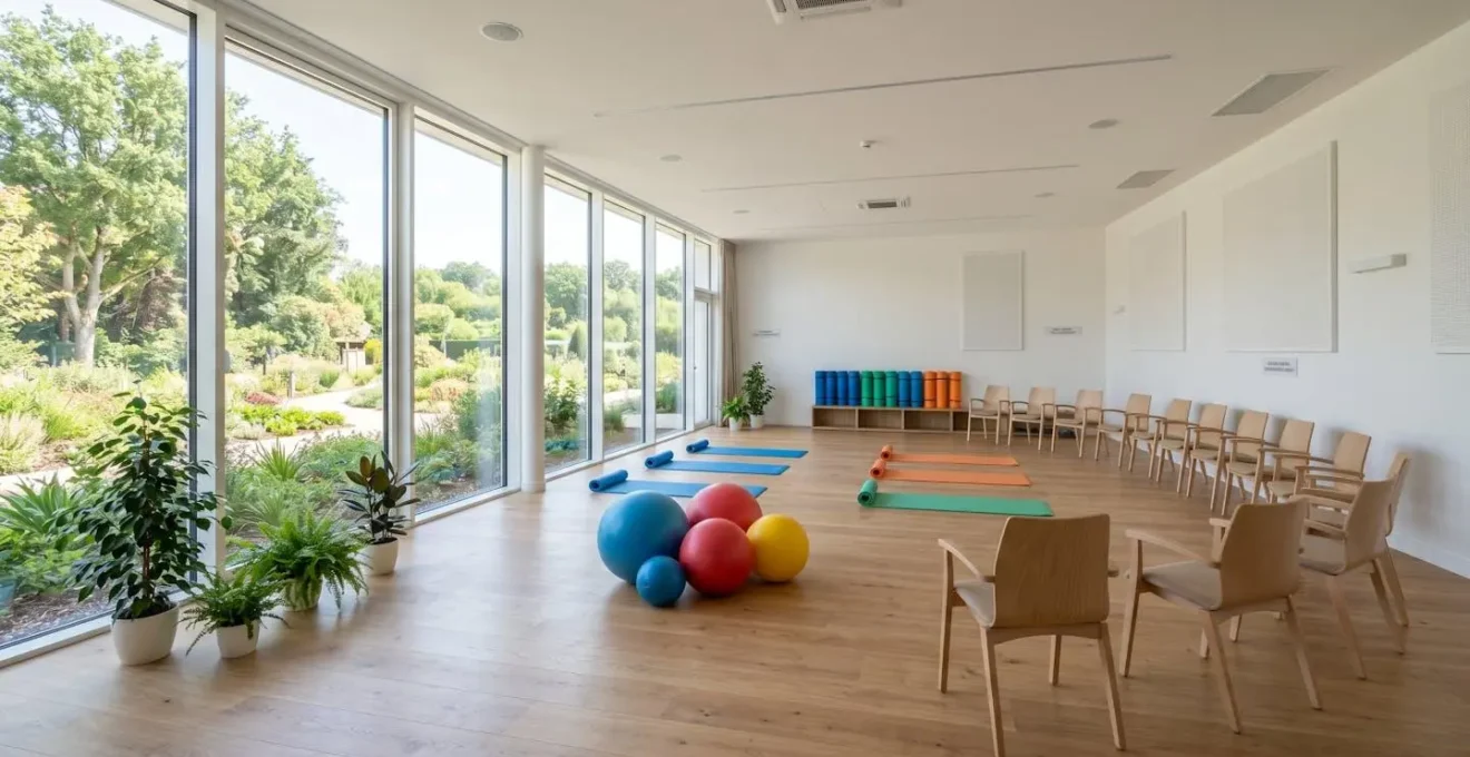 Salle d'activité EHPAD contemporaine vide avec tapis de sol, chaises légères et ballons souples visibles, grandes baies vitrées donnant sur espace vert