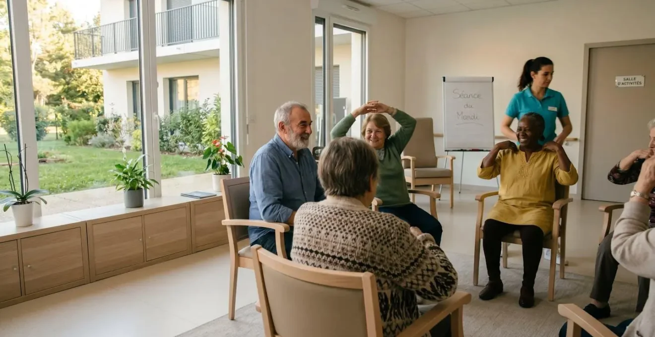 Groupe de seniors participant à une séance de gym douce dans une salle d'activité lumineuse, animateur en arrière-plan, interaction naturelle entre résidents