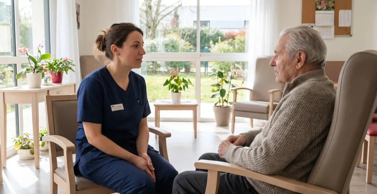 Aide-soignante en tenue professionnelle échangeant avec une personne âgée assise dans un salon lumineux de résidence, lumière naturelle, profils