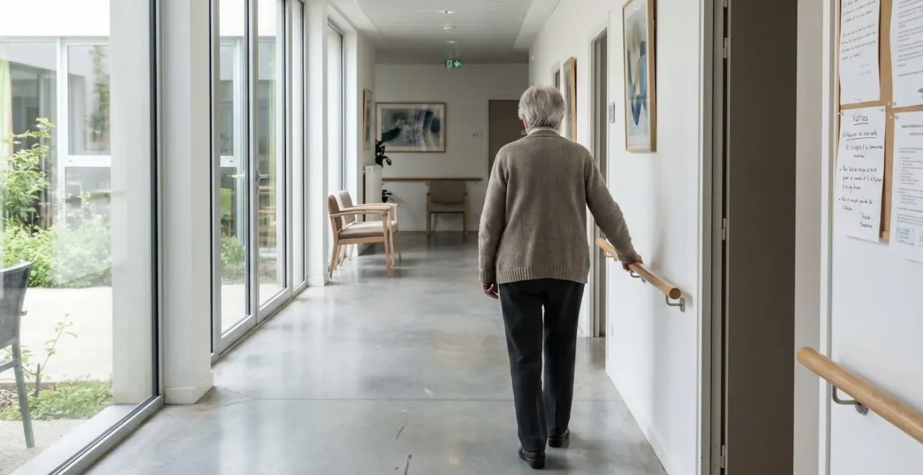 Femme senior de dos marchant dans un couloir lumineux de résidence avec rampes d'appui, grandes fenêtres et lumière naturelle