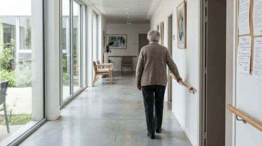 Femme senior de dos marchant dans un couloir lumineux de résidence avec rampes d'appui, grandes fenêtres et lumière naturelle