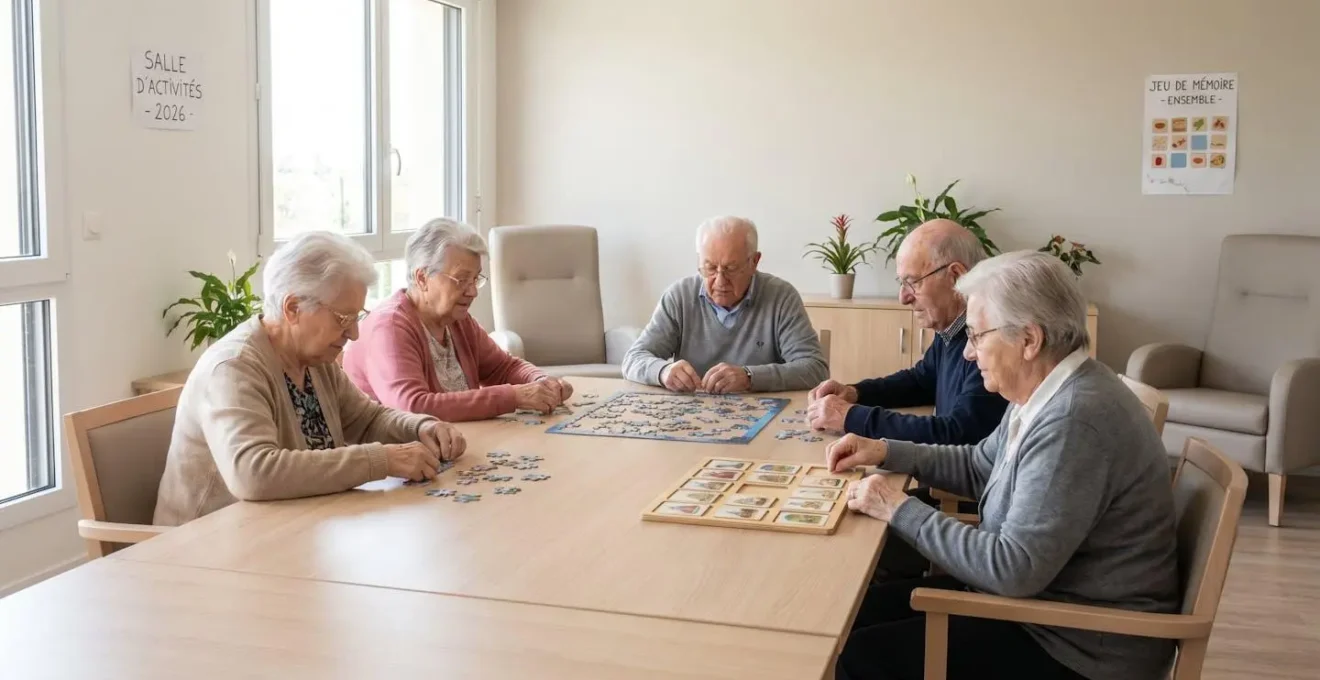 Petit groupe de seniors réunis autour d'une table travaillant ensemble sur un jeu de mémoire ou puzzle dans une salle d'activités lumineuse, lumière naturelle latérale