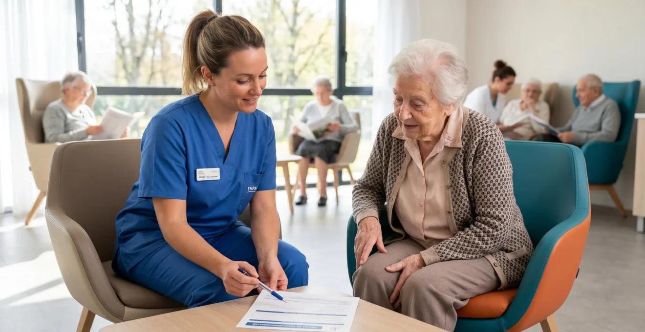 Une aide-soignante en blouse bleue et une résidente senior consultent ensemble un document de suivi dans le salon commun lumineux d'un EHPAD, d'autres résidents en arrière-plan, lumière naturelle abondante