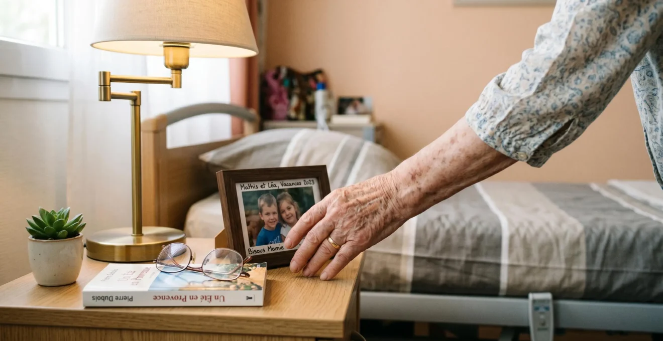 Une main de femme senior dépose un cadre photo de petits-enfants sur une table de chevet d'EHPAD, à côté d'une lampe allumée, d'un livre et de lunettes, ambiance chaleureuse et intime