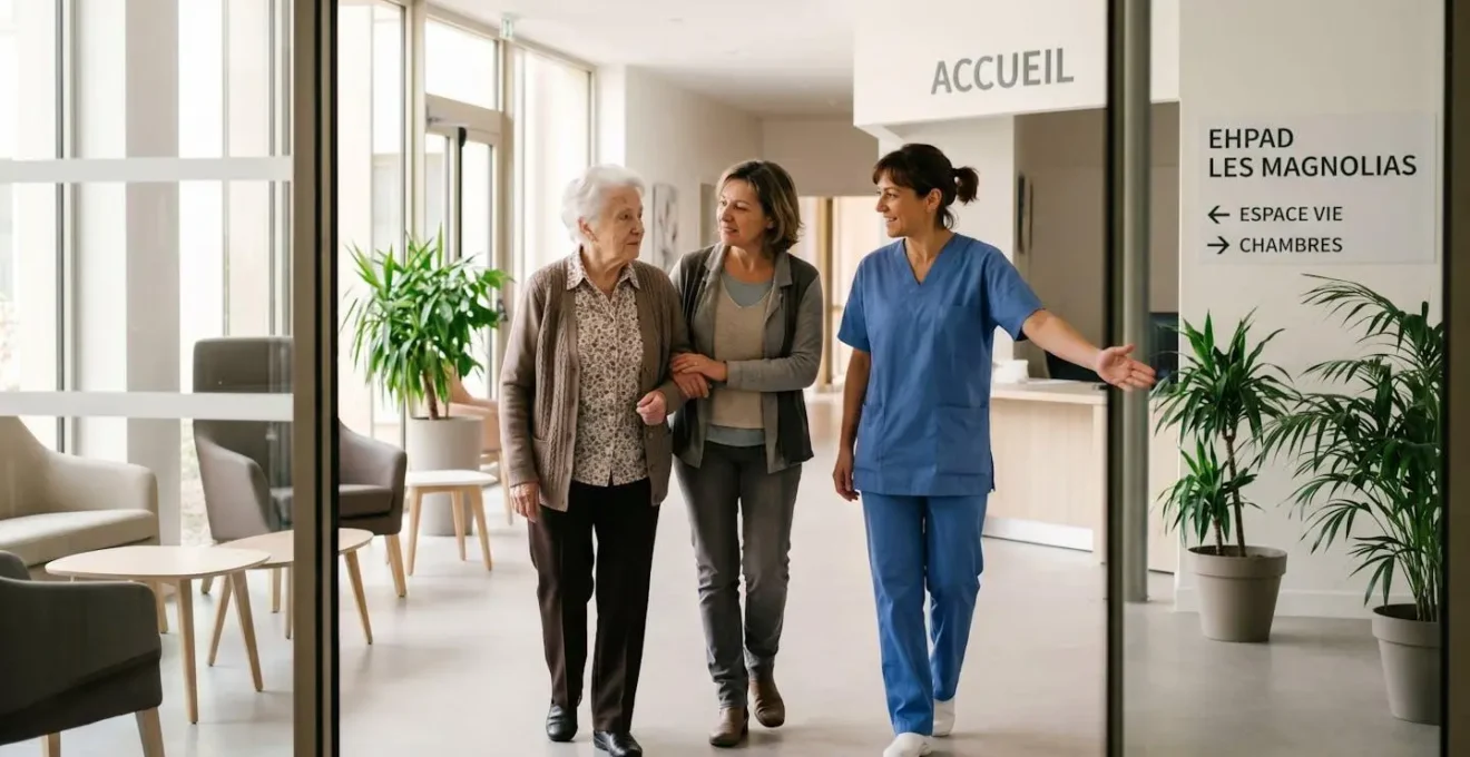 Une senior française franchit l'entrée d'un EHPAD moderne accompagnée de sa fille et accueillie par une soignante, hall lumineux avec mobilier contemporain et signalétique en français, lumière naturelle douce