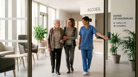 Une senior française franchit l'entrée d'un EHPAD moderne accompagnée de sa fille et accueillie par une soignante, hall lumineux avec mobilier contemporain et signalétique en français, lumière naturelle douce